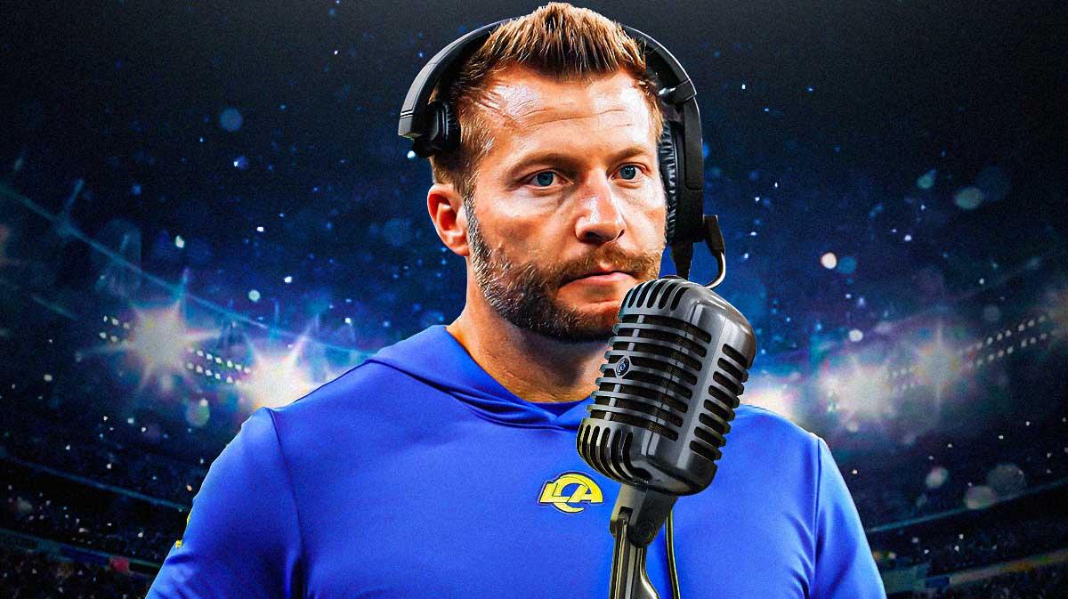 Rams head coach Sean McVay with an angry face and a microphone in his face when asked about the Ernest Jones trade