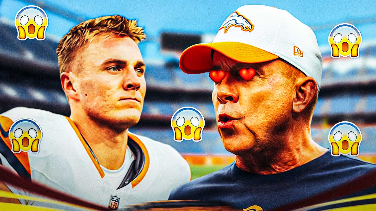 Sean Payton with heart eyes looking at Bo Nix. 😱 emojis all around