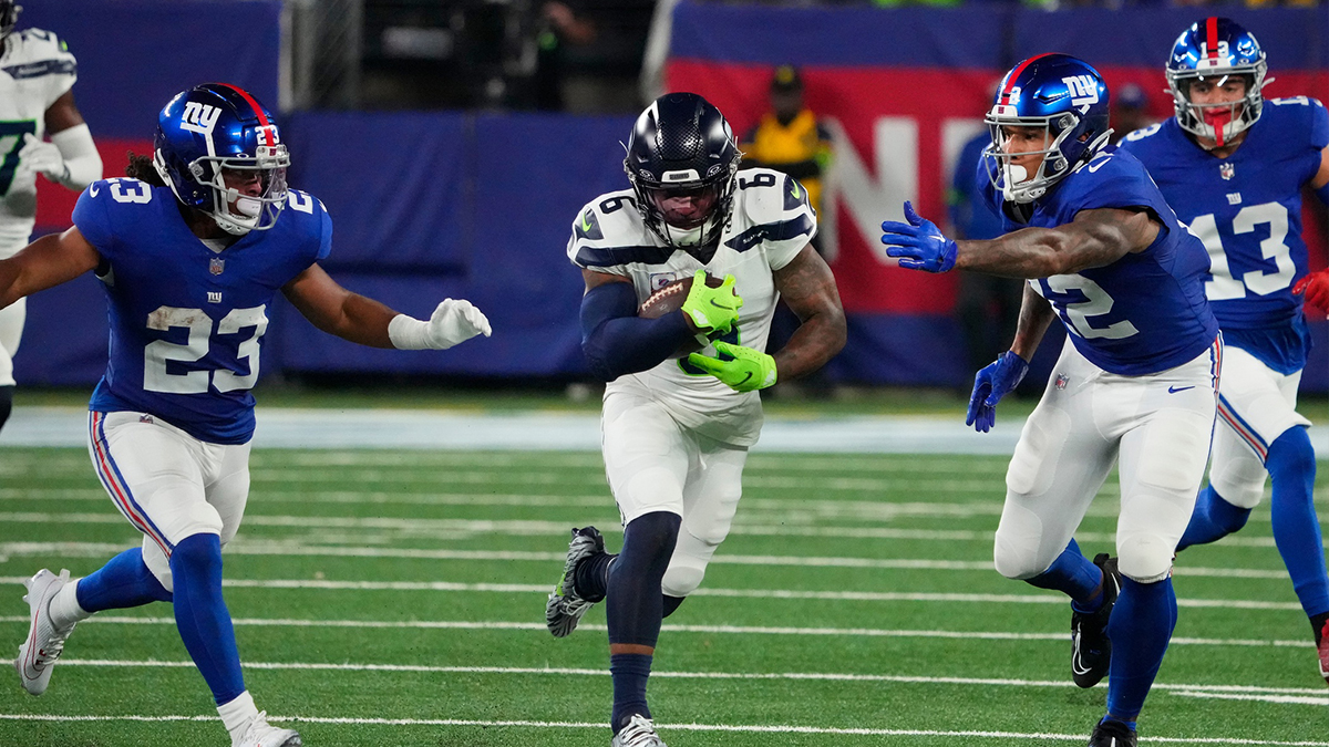 Seattle Seahawks safety Quandre Diggs (6) after intercepting a New York Giants pass in the second half at MetLife Stadium.