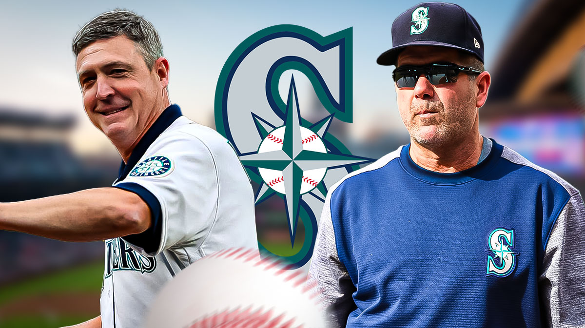 Seattle Mariners logo in center, Seattle Mariners interim manager Dan Wilson on left side, Seattle Mariners interim hitting coach Edgar Martinez on right side, T-Mobile Field (home stadium of Seattle Mariners) in background
