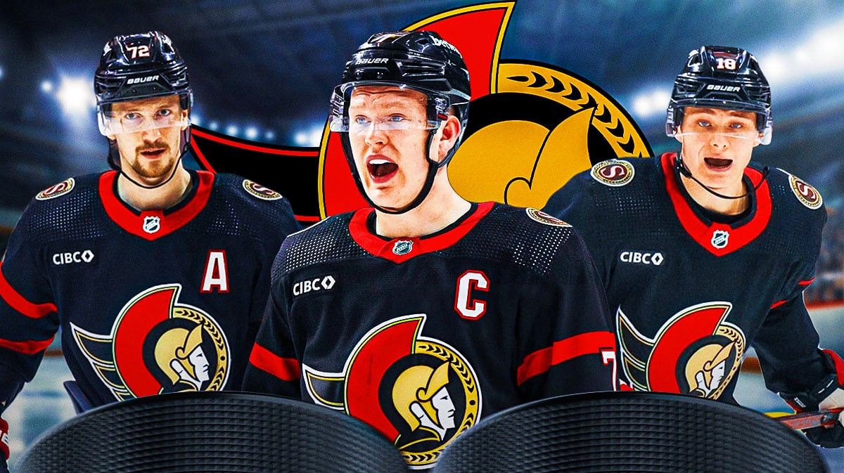 Brady Tkachuk, Tim Stutzle, Thomas Chabot in front of an Ottawa Senators logo.