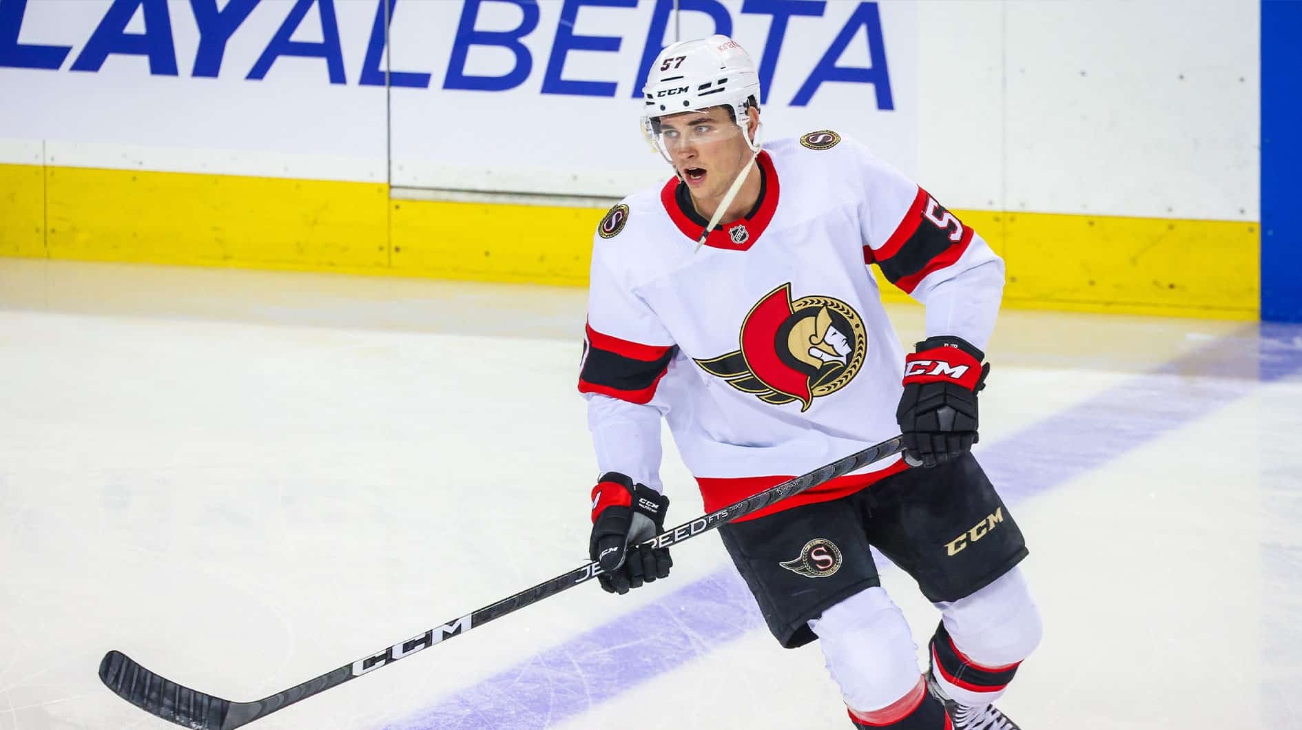 Ottawa Senators center Shane Pinto (57) skates during the warmup period against the Calgary Flames at Scotiabank Saddledome.