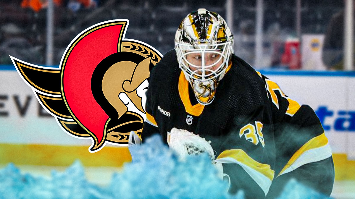 Linus Ullmark in image looking hopeful, Ottawa Senators logo, hockey rink in background