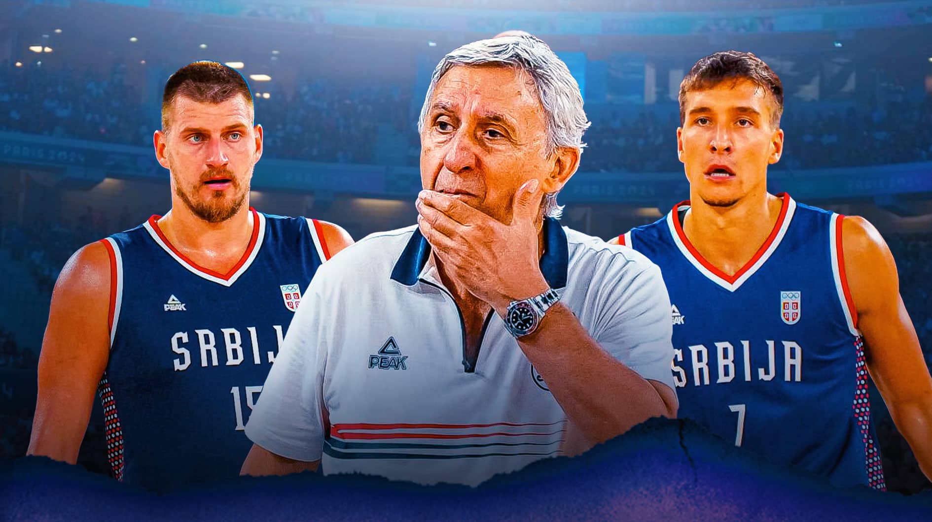 Svetislav Pesic looking furious in the middle of Nikola Jokic and Bogdan Bogdanovic wearing Serbia jersey.