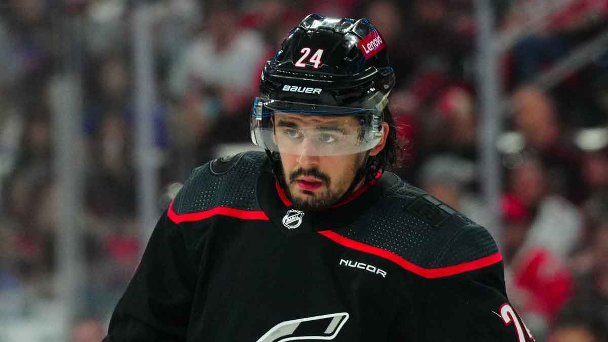 Carolina Hurricanes center Seth Jarvis (24) looks on against the New York Rangers during the first period in game three of the second round of the 2024 Stanley Cup Playoffs at PNC Arena