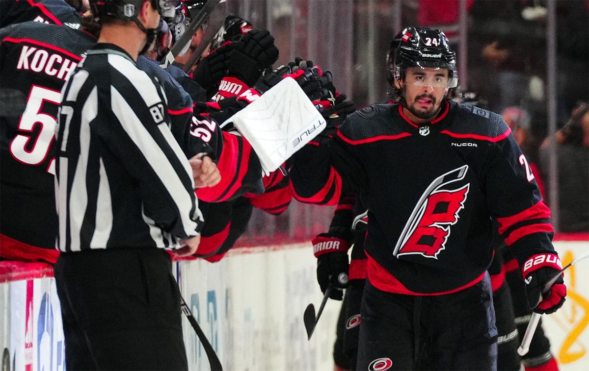 Carolina Hurricanes center Seth Jarvis (24) scores a goal against the New York Rangers during the second period in game six of the second round of the 2024 Stanley Cup Playoffs at PNC Arena.