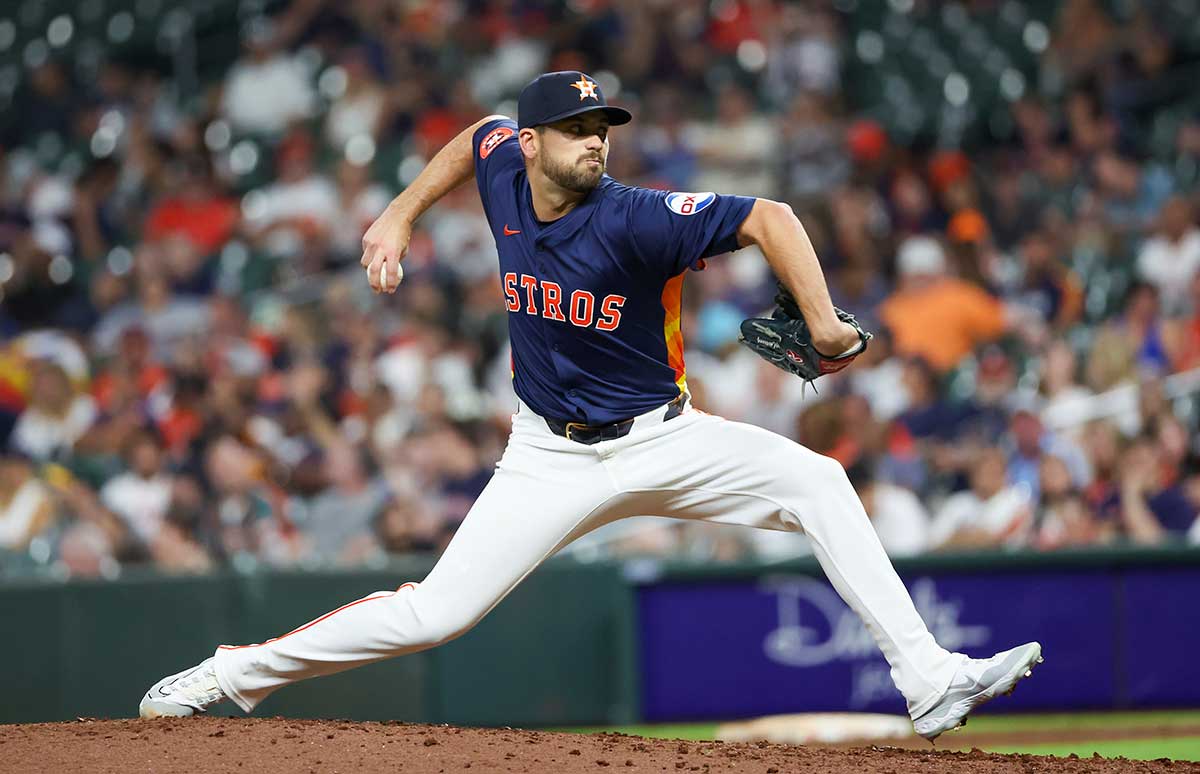 Houston Astros pitcher Seth Martinez (61) pitches against the Oakland Athletics in the eighth inning at Minute Maid Park.