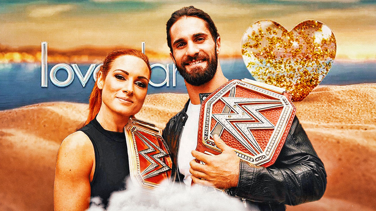 WWE stars Becky Lynch and Seth Rollins with Love Island logo in background.