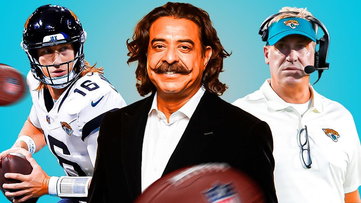 Jacksonville Jaguars owner Shad Khan in the middle with Trevor Lawrence and Doug Pederson on either side.