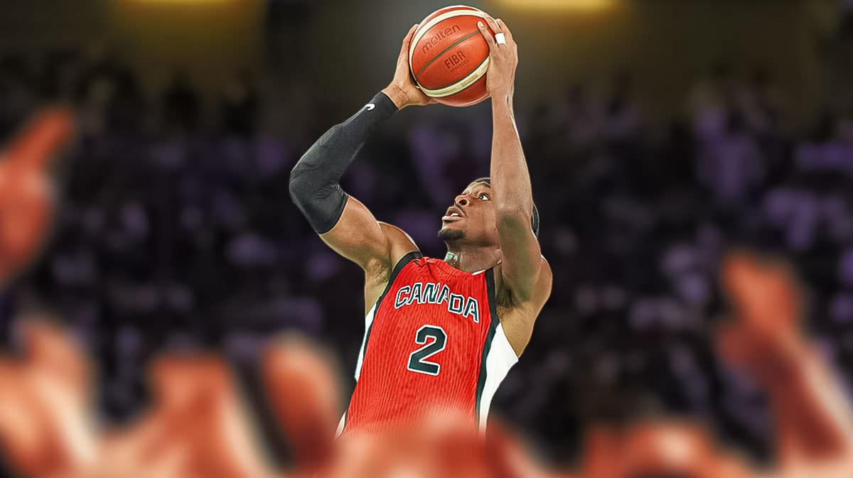 Canada guard Shai Gilgeous-Alexander (2) shoots against France centre Mathias Lessort (26) in the first quarter in a men’s basketball quarterfinal game during the Paris 2024 Olympic Summer Games at Accor Arena.