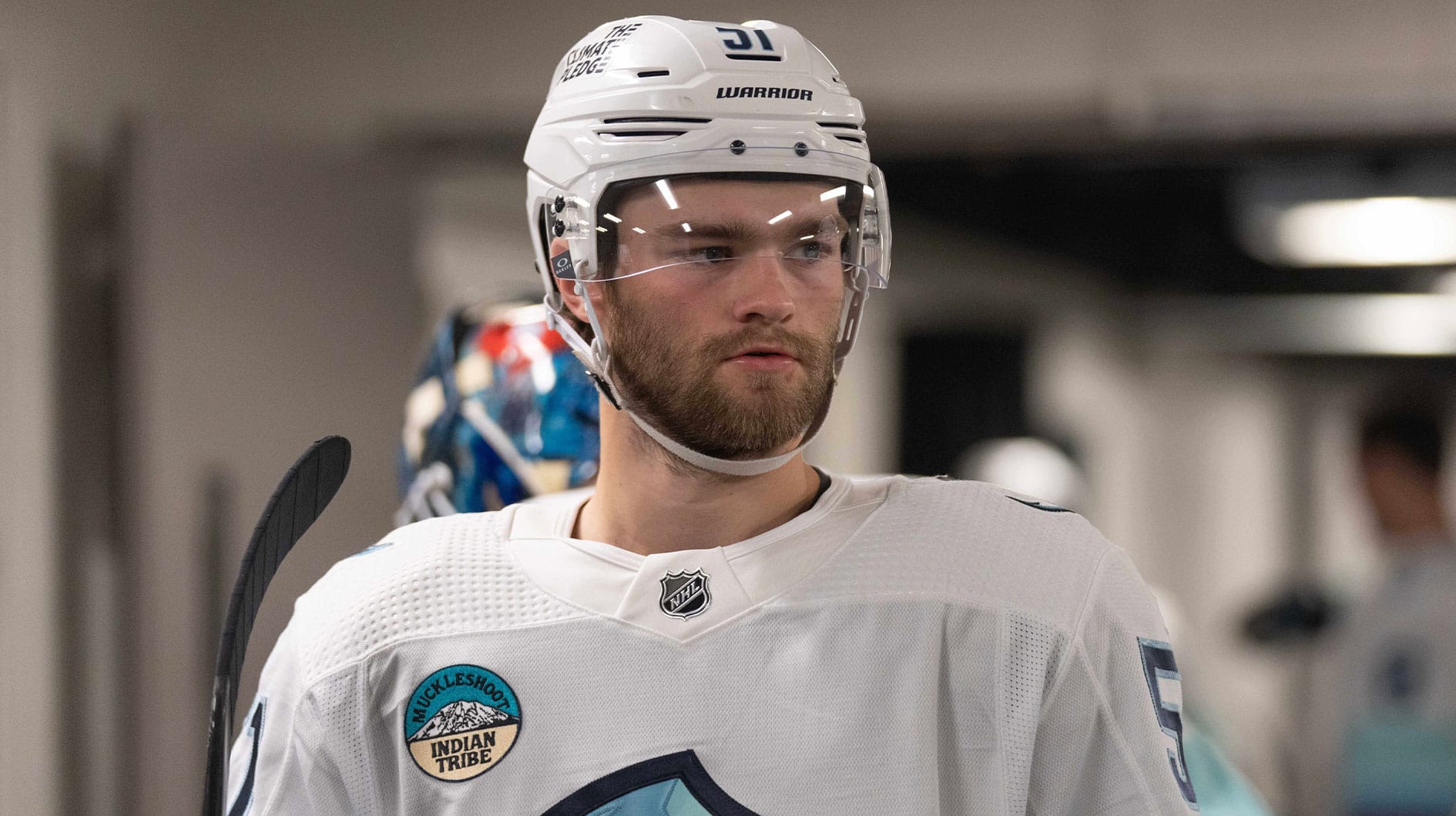 Seattle Kraken center Shane Wright (51) prepare for warmups before the start of the first period against the San Jose Sharks at SAP Center at San Jose.