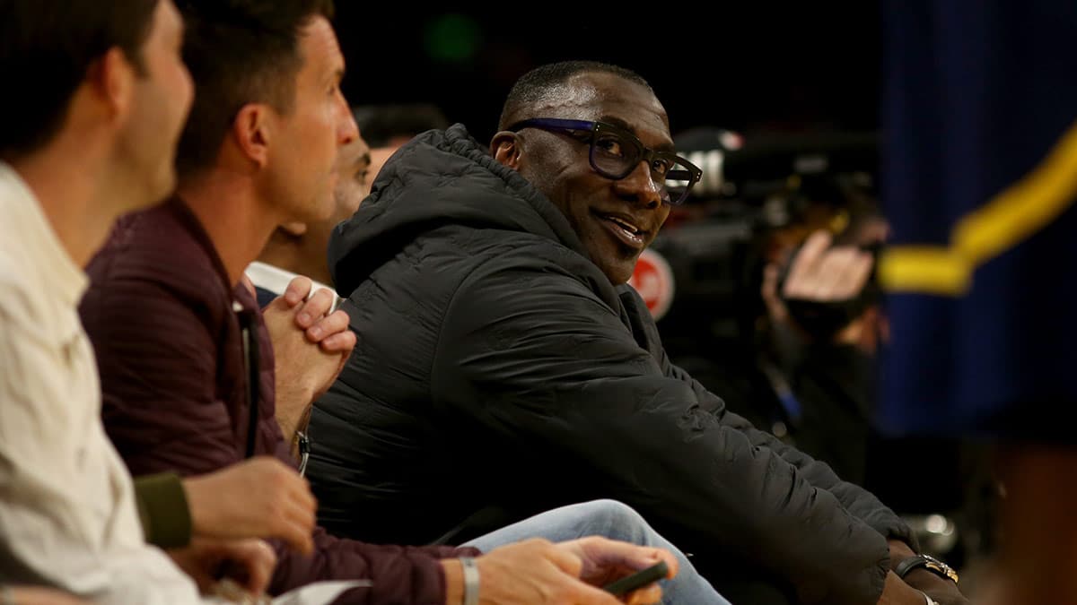 Shannon Sharpe during the second quarter between the Golden State Warriors and Los Angeles Lakers at Crypto.com Arena. Credit: Jason Parkhurst-USA TODAY Sports