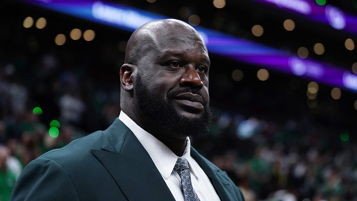 Shaquille O'Neal looks on before the game between the Boston Celtics and the Dallas Mavericks in game one of the 2024 NBA Finals at TD Garden.