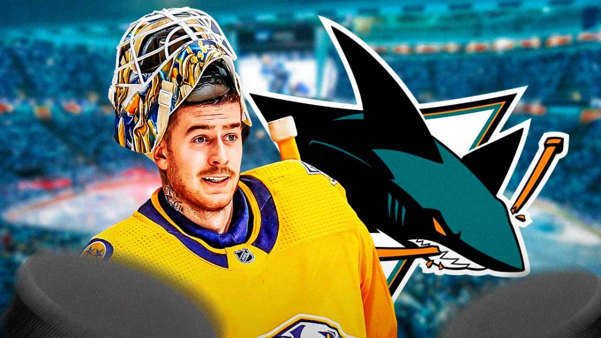 Yaroslav Askarov in a Sharks uniform. Include a Sharks logo next to him. Background is SAP Center, thanks