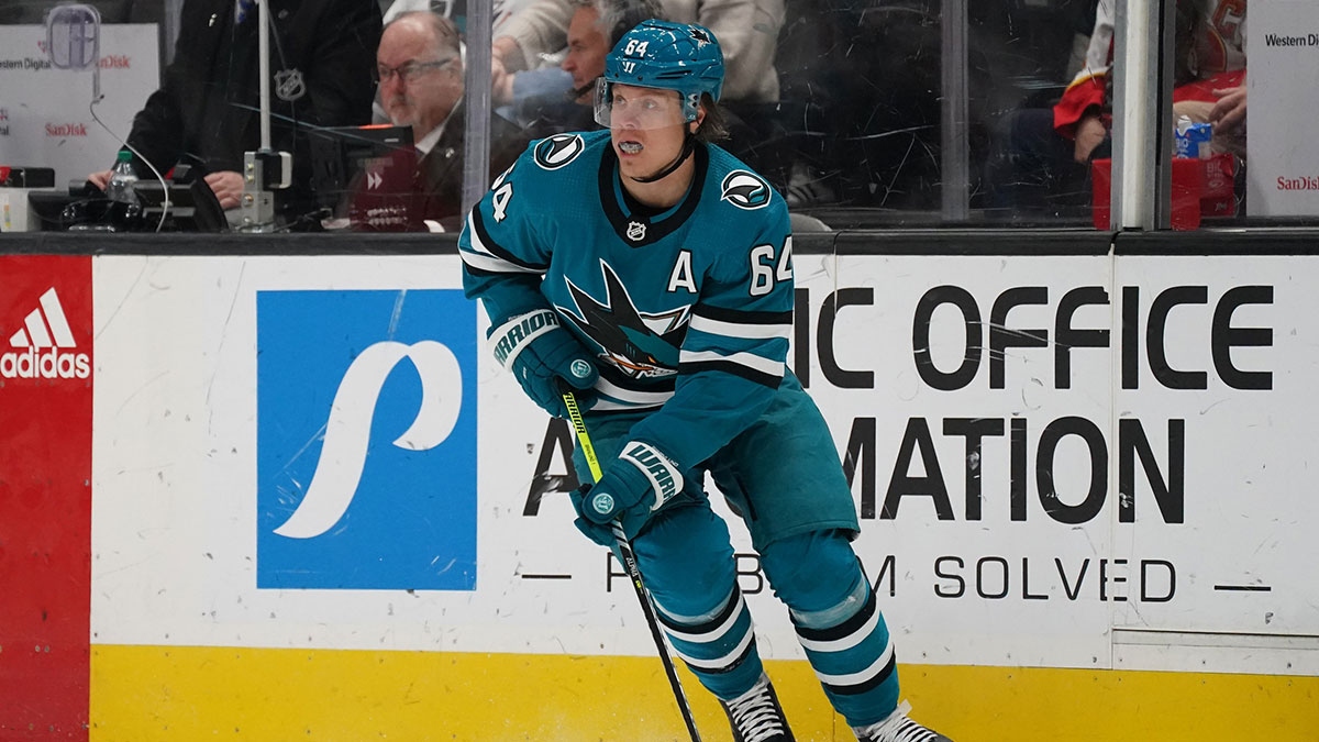 San Jose Sharks center Mikael Granlund (64) skates against the Calgary Flames during the first period at SAP Center at San Jose.