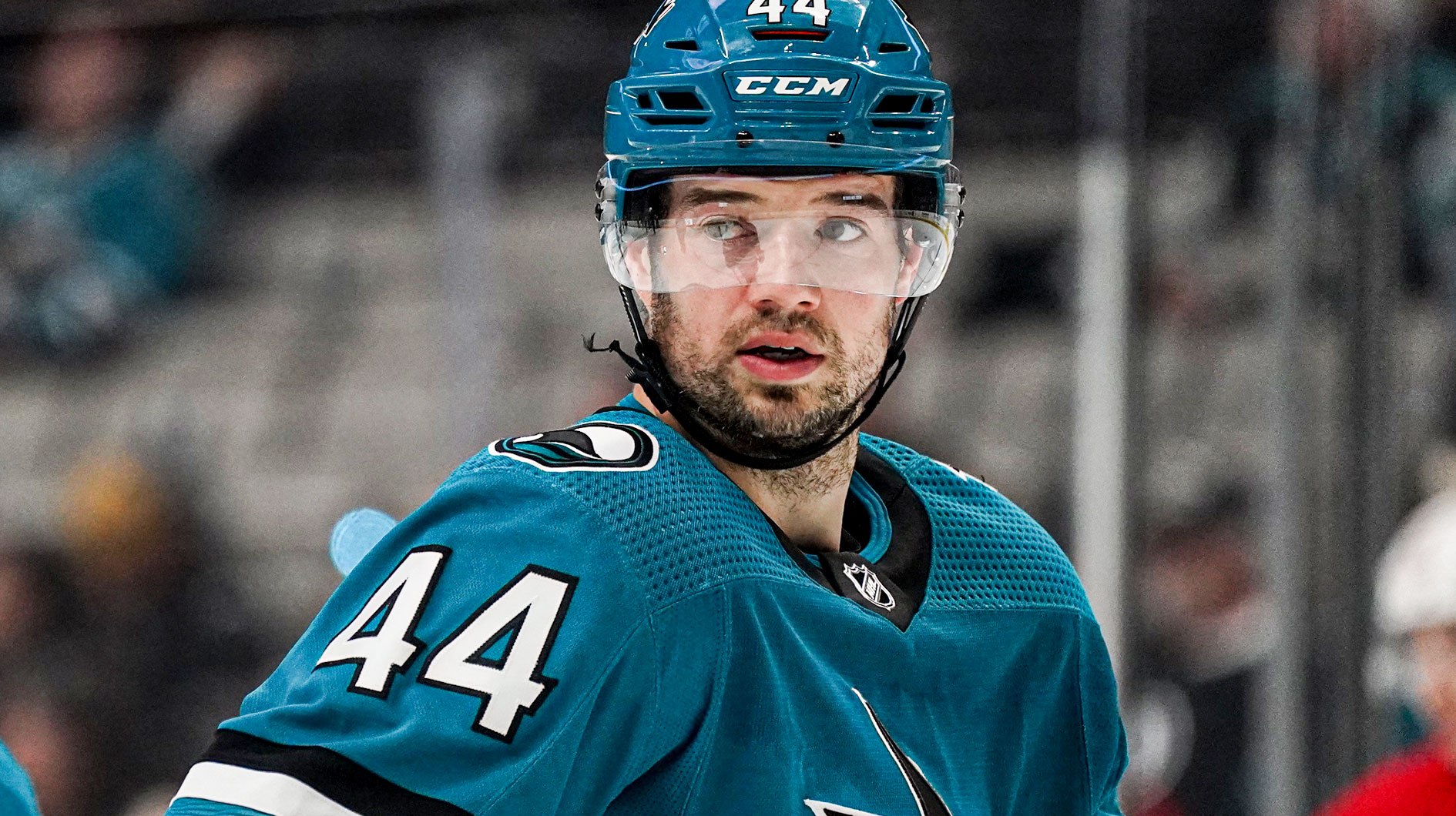 San Jose Sharks defenseman Marc-Edouard Vlasic (44) looks on against the Calgary Flames during the first period at SAP Center at San Jose.