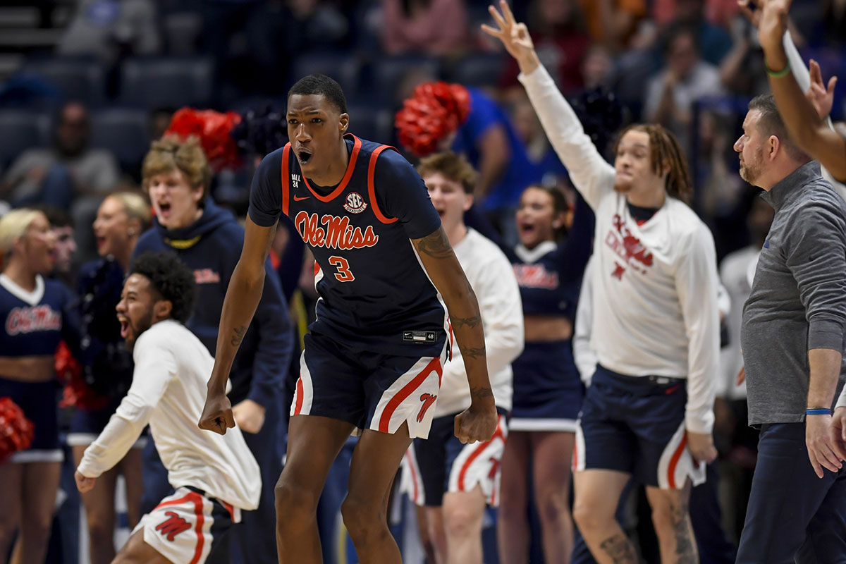 Mississippi Rebels forward Jamarion Sharp (3) celebrates a three point basket against the Texas A&M Aggies during the second half at Bridgestone Arena.