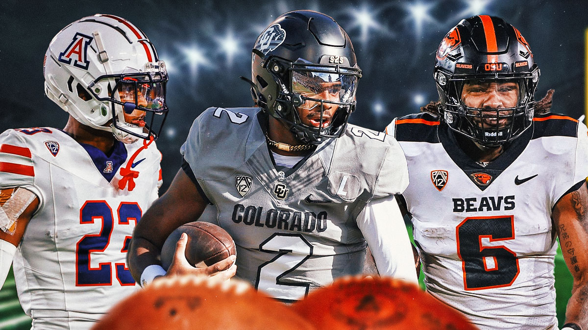 Colorado's Shedeur Sanders next to Arizona's Tacario Davis and Miami's Damien Martinez