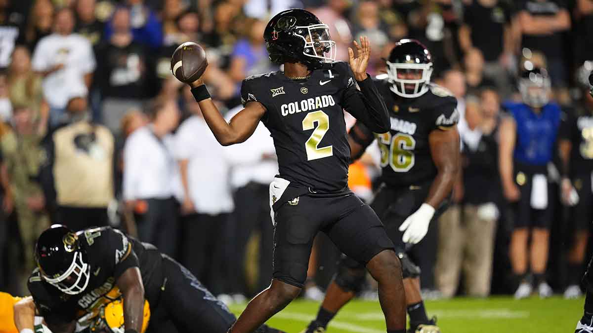 Colorado Buffaloes quarterback Shedeur Sanders (2) prepares to pass the ball in the second half against the North Dakota State Bison at Folsom Field.