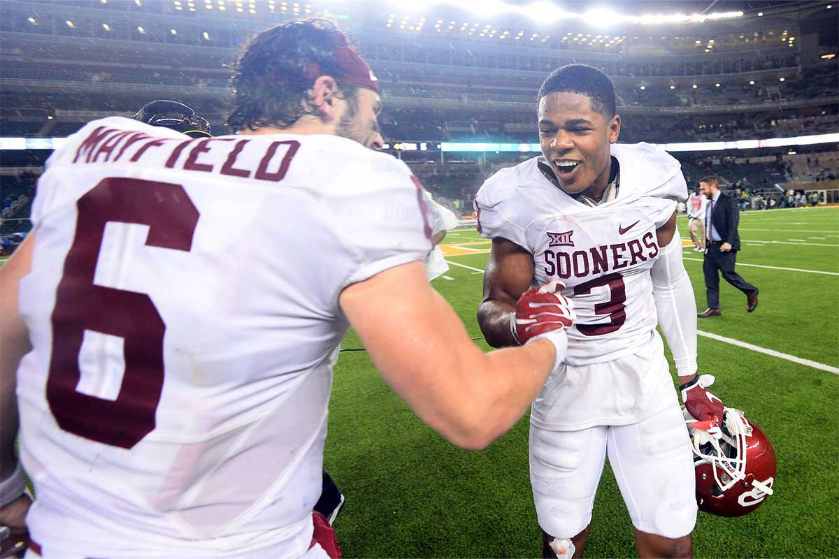 Oklahoma Sooners quarterback Baker Mayfield (6) and wide receiver Sterling Shepard (3) celebrate after the game against the Baylor Bears at McLane Stadium. Oklahoma won 44-34.