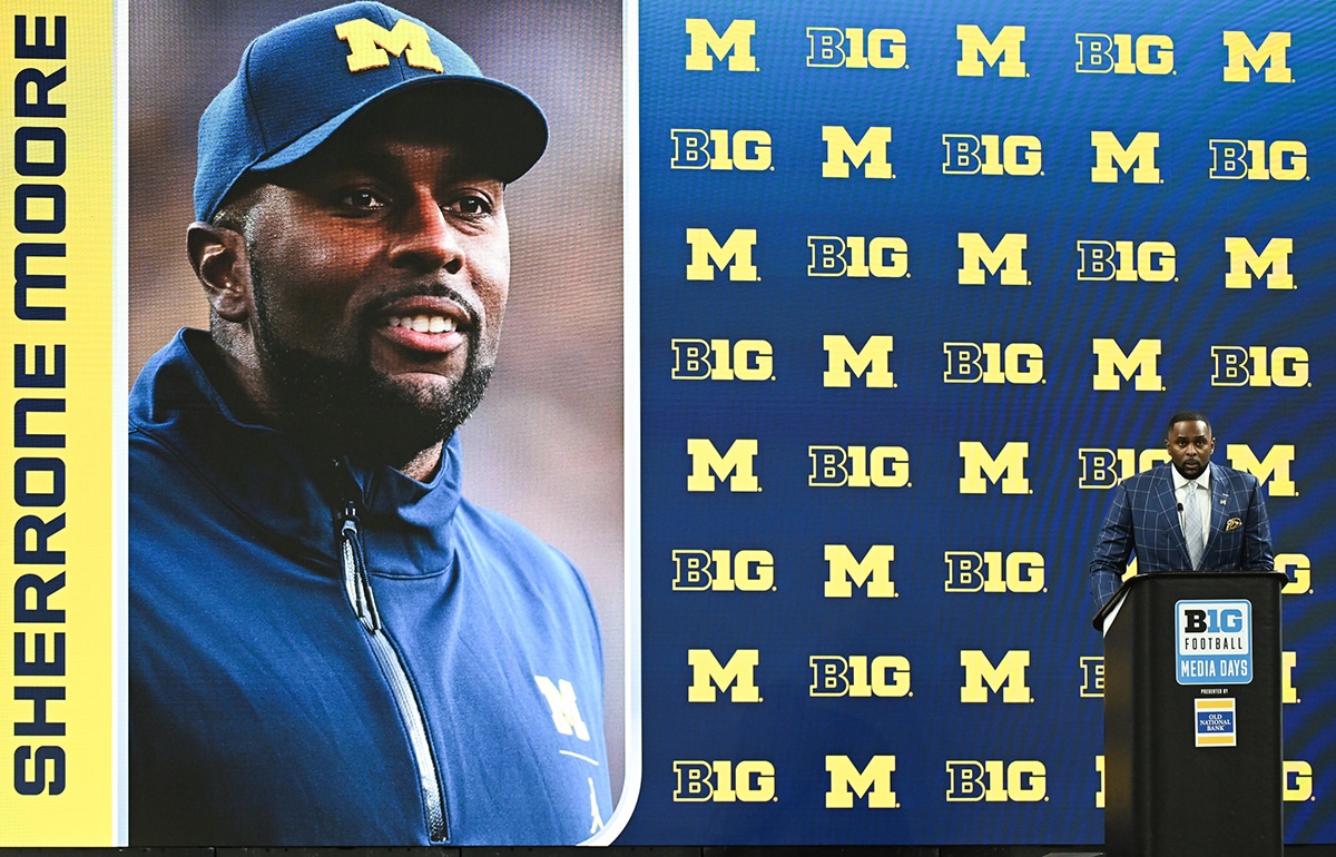 Michigan Wolverines head coach Sherrone Moore speaks to the media during the Big 10 football media day at Lucas Oil Stadium. 