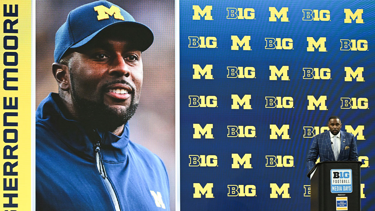 Michigan Wolverines head coach Sherrone Moore speaks to the media during the Big 10 football media day at Lucas Oil Stadium.