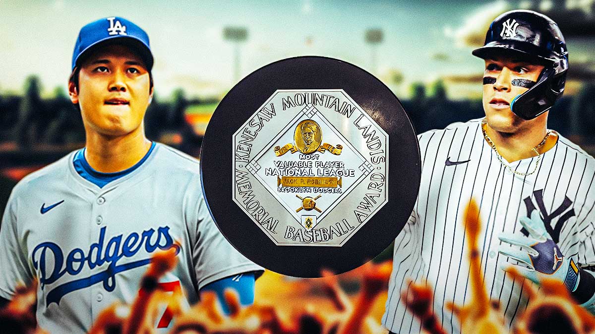 LA Dodgers Shohei Ohtani, NY Yankees Aaron Judge - MLB MVP trophy in the middle