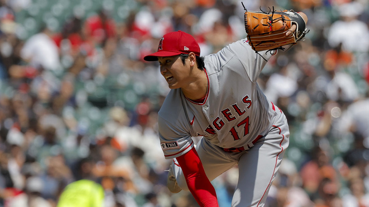 Los Angeles Angels starting pitcher Shohei Ohtani (17) pitches in the seventh inning against the Detroit Tigers at Comerica Park.