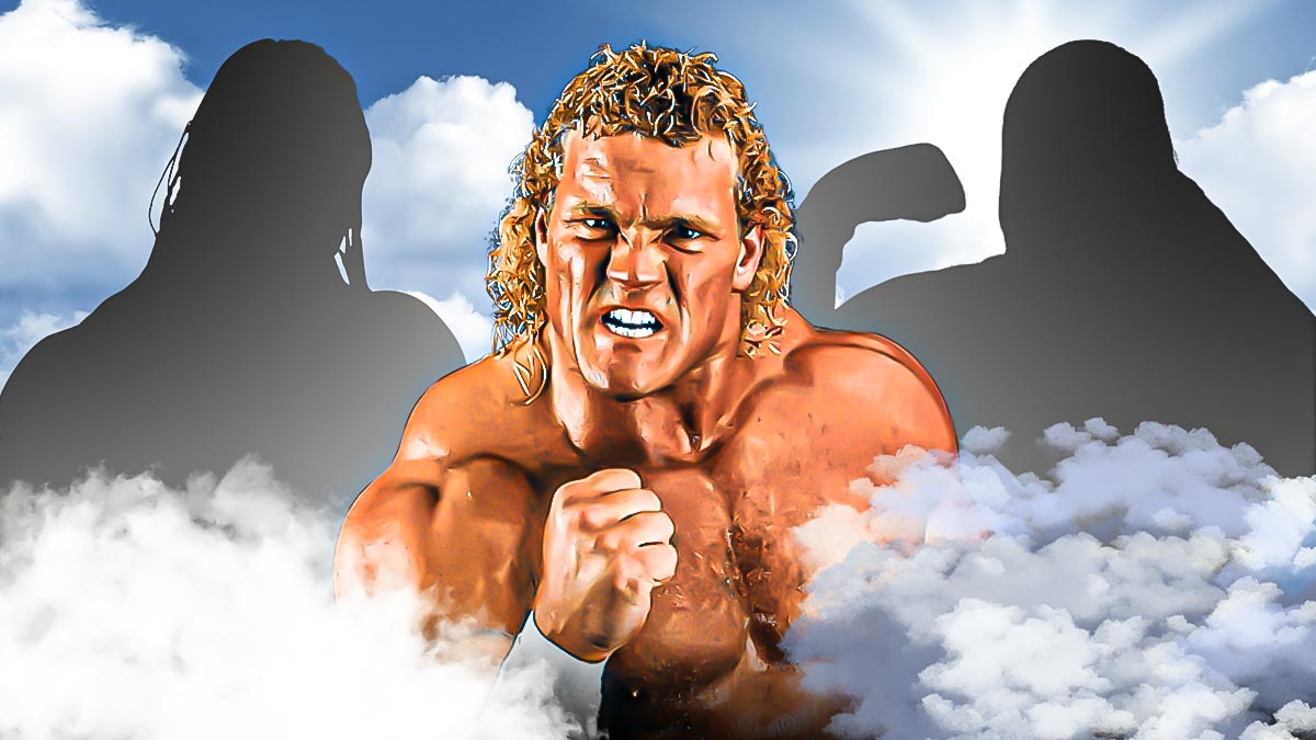 WWE star Sid Vicious in middle with the blacked-out silhouette of Booker T on the left and the blacked-out silhouette of Rob Van Dam on the right in front of a heavenly setting.