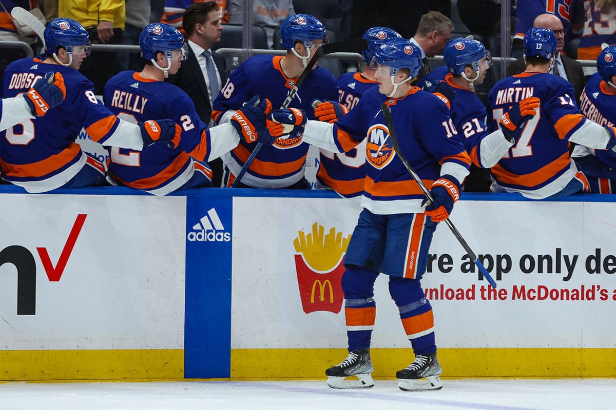 New York Islanders right wing Simon Holmstrom (10) celebrates his goal against the Chicago Blackhawks during the third period at UBS Arena.