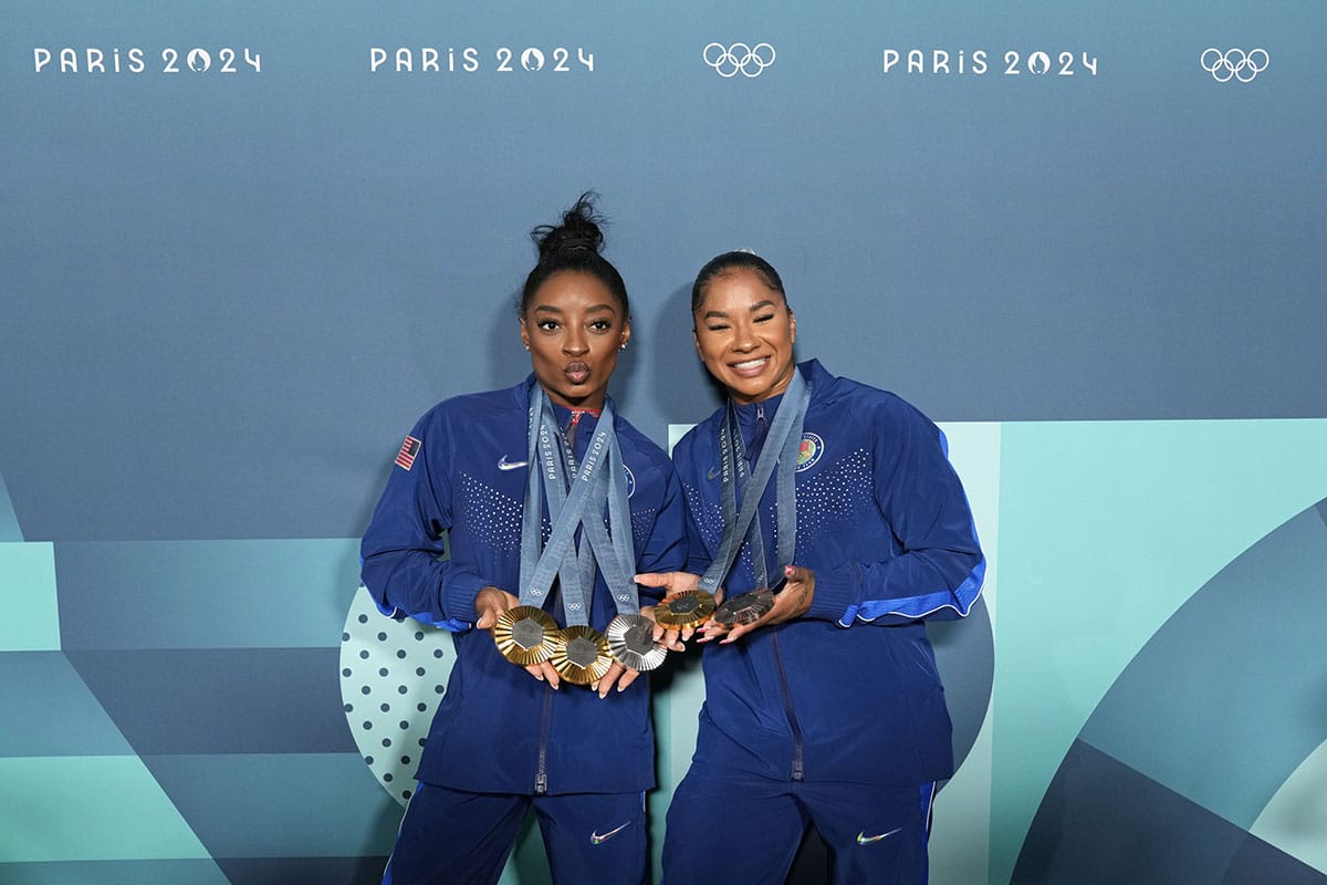 Simone Biles and Jordan Chiles of the United States poses for a photo after day three of the gymnastics event finals during the Paris 2024 Olympic Summer Games.