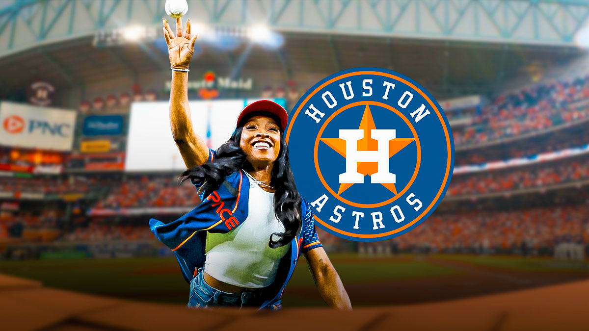 Simone Biles throwing a baseball in front of a Houston Astros logo