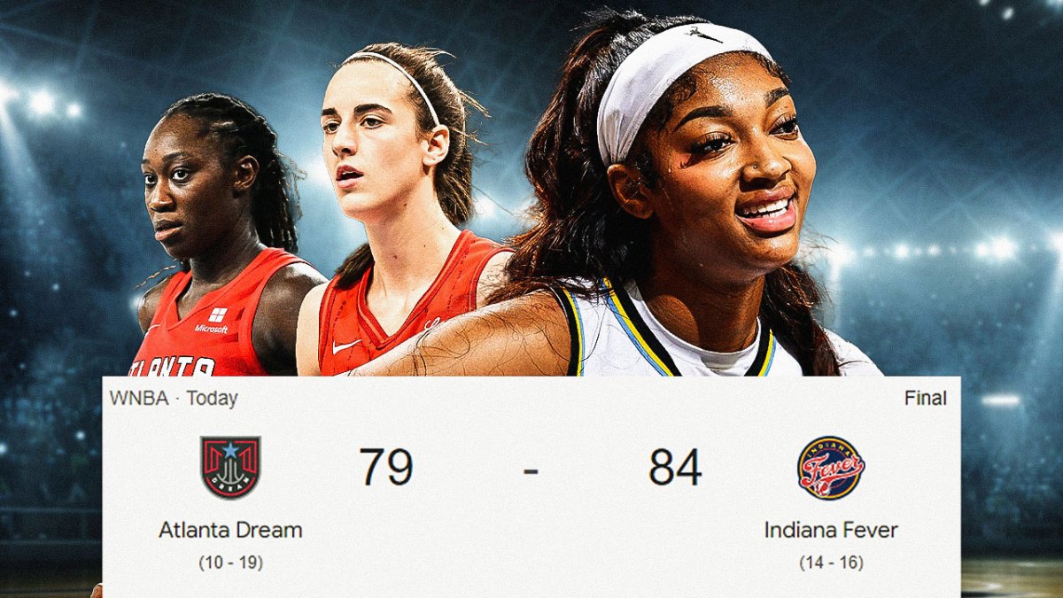 Sky's Angel Reese smiling, with a screenshot of the Fever vs. Dream scoreboard for today beside Reese, with Fever's Caitlin Clark and Dream's Tina Charles around Reese