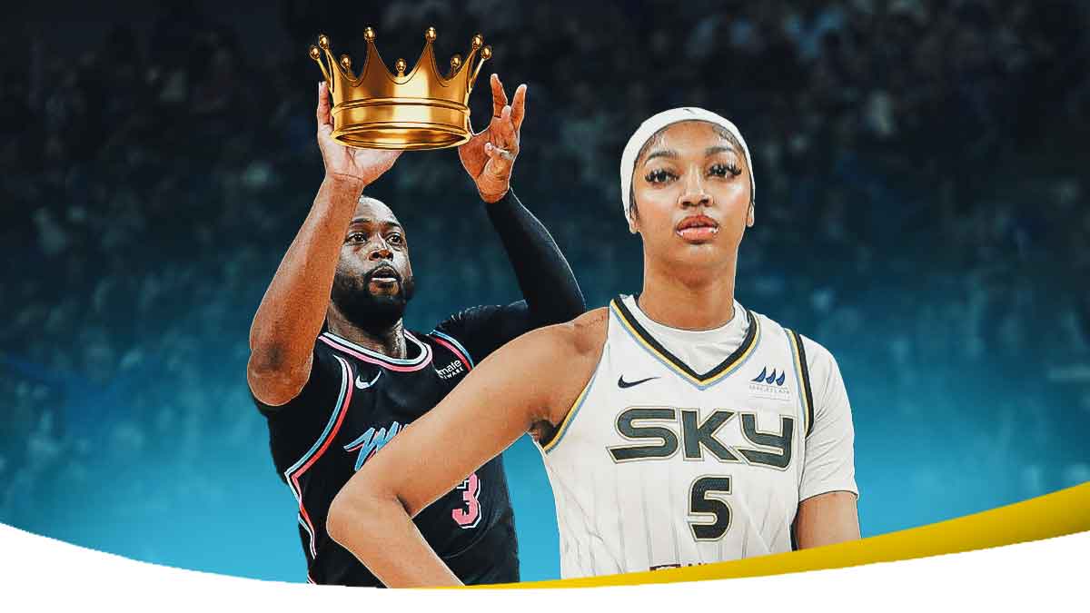 Dwyane Wade putting a crown on Angel Reese's head