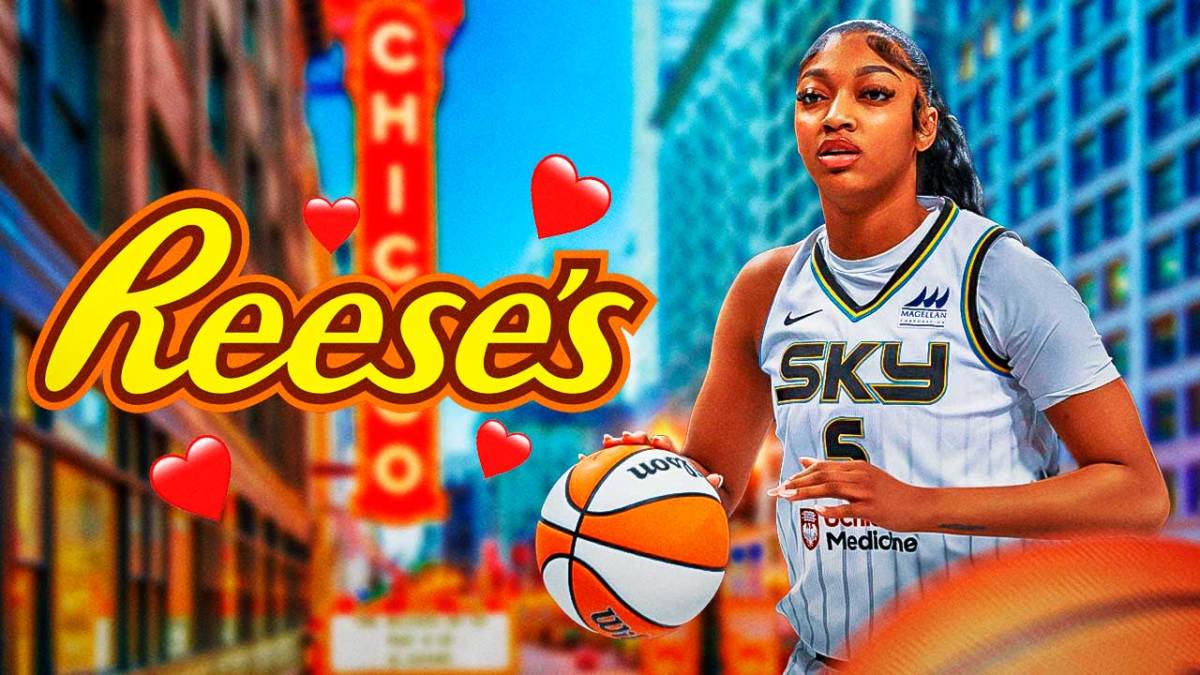 WNBA Chicago Sky player Angel Reese, with the Reese's candy logo, and hearts
