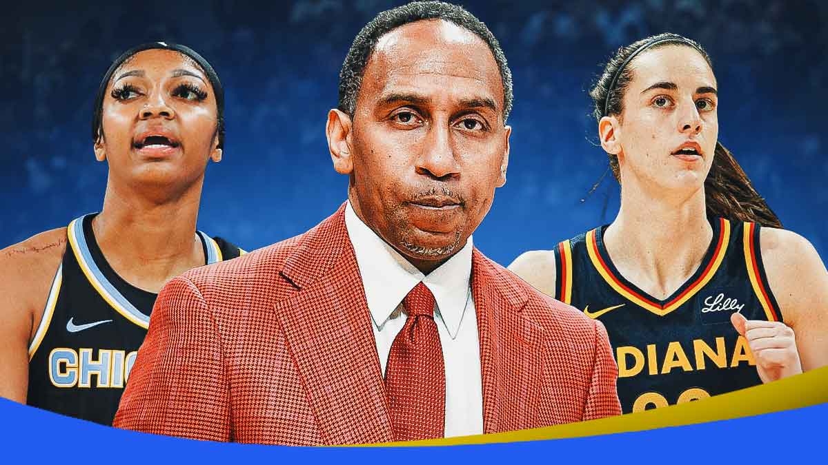 Stephen A. Smith with Angel Reese on one side, Caitlin Clark on the other