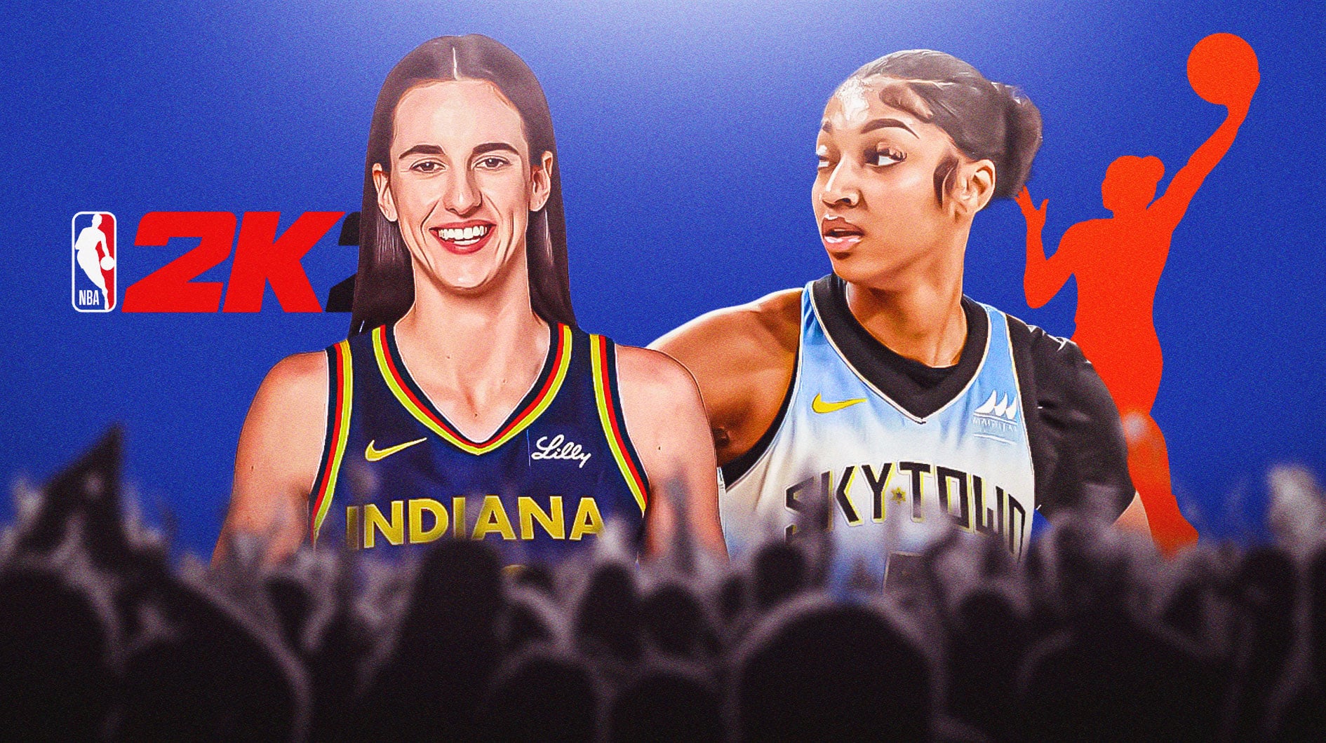 Fever's Caitlin Clark stands next to Sky's Angel Reese, NBA 2K25 logo