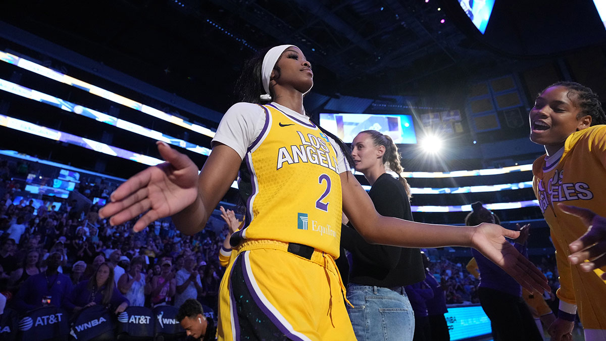 LA Sparks forward Rickea Jackson (2) is introduced before the game against the New York Liberty at Crypto.com Arena.