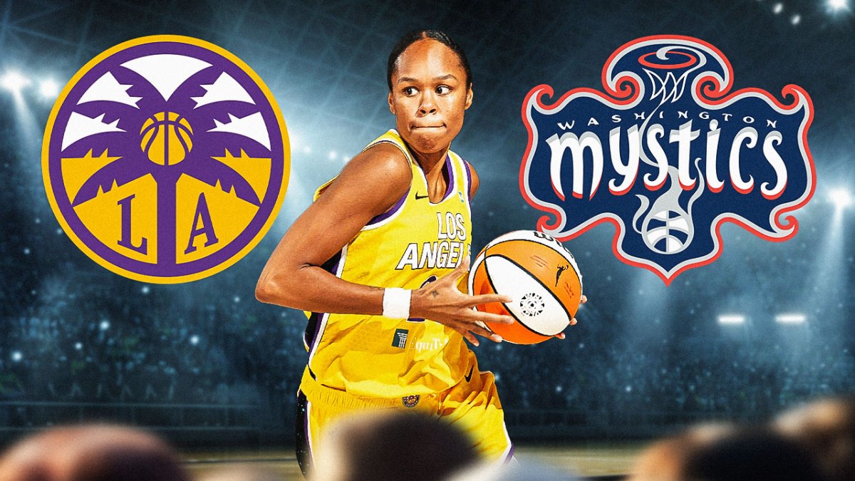 LA Sparks player Azura Stevens with the LA Sparks and Washington Mystics logos in the background, season
