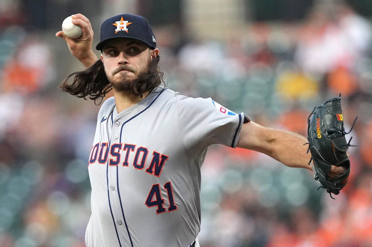 Houston Astros pitcher Spencer Arrighetti (41) throws a pitch during the first inning against the Baltimore Orioles at Oriole Park at Camden Yards.