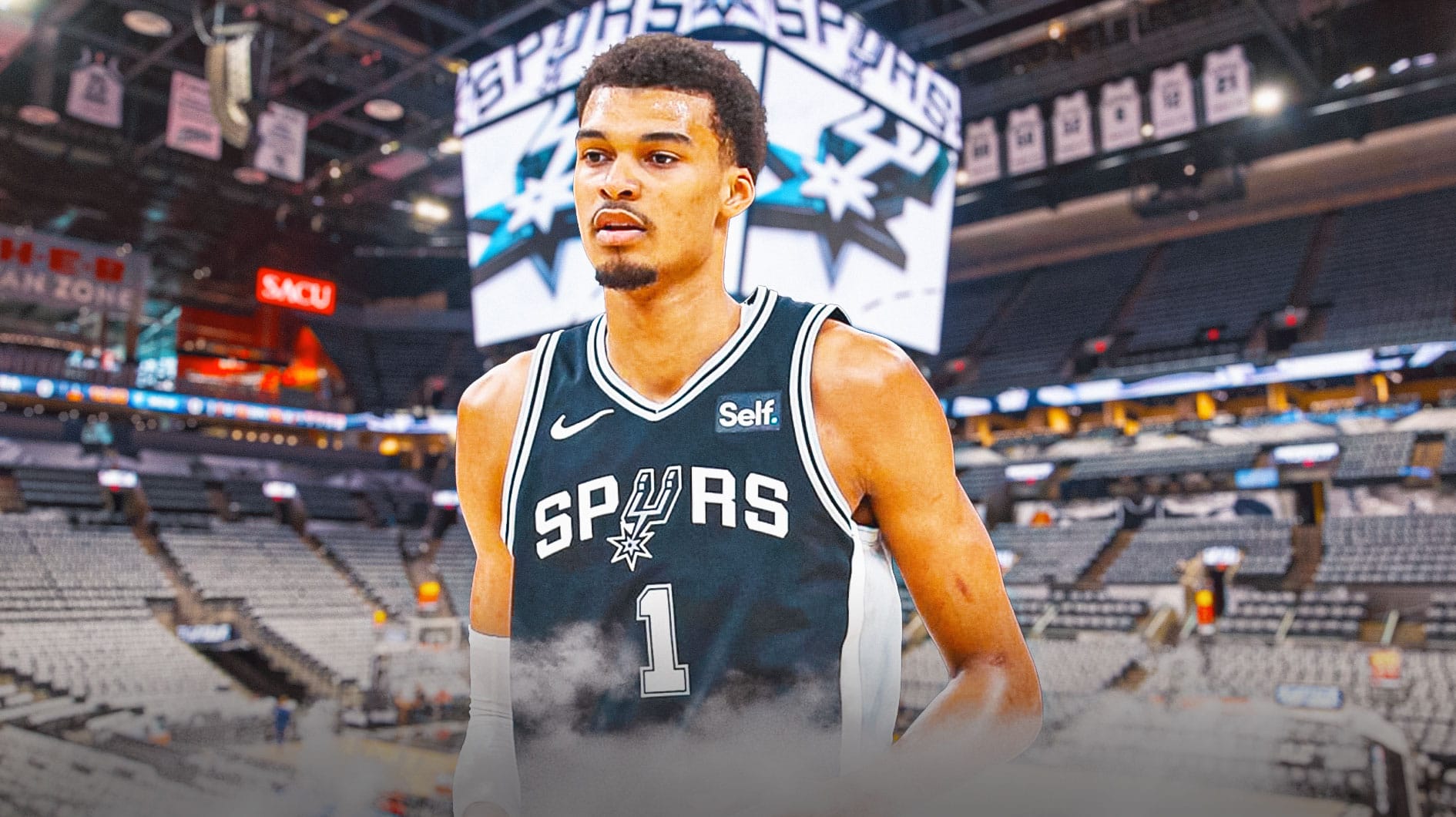 Victor Wembanyama in his San Antonio Spurs jersey with the Spurs arena in the background, Spurs