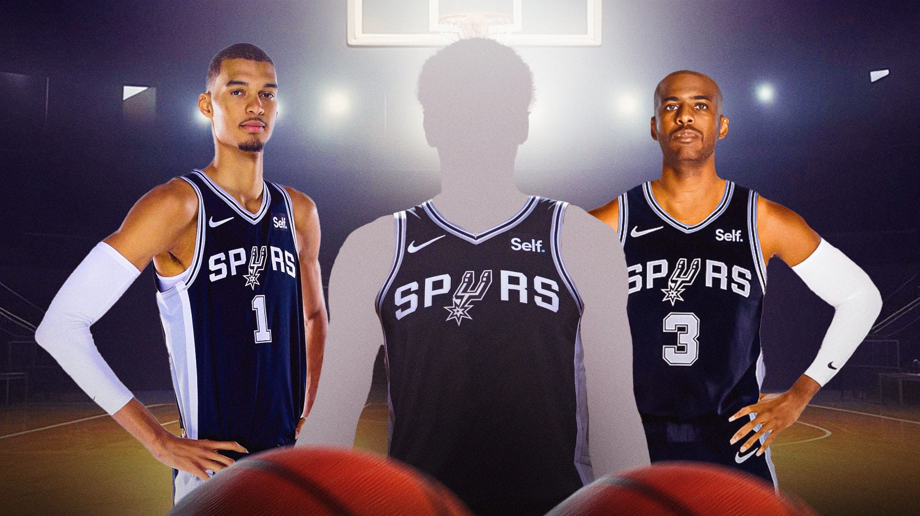 A shadowy player in a San Antonio Spurs jersey with Victor Wembanyama on one side and Chris Paul on the other side, NBA free agency signing roster