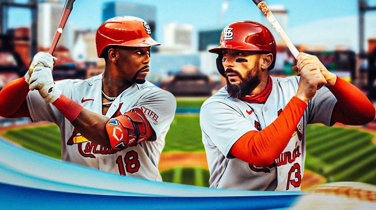 Jordan Walker batting in a St. Louis Cardinals uniform with Matt Carpenter in a St. Louis Cardinals uniform off to the side as Walker will join the Cardinals after Carpenter's injury.