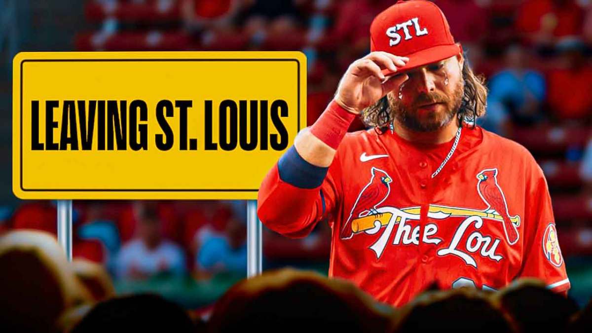Brandon Crawford in a St. Louis Cardinals uniform carrying suitcases with Busch Stadium behind him and a road sign that says Leaving St. Louis as Crawford is moving on after being released by the Cardinals.