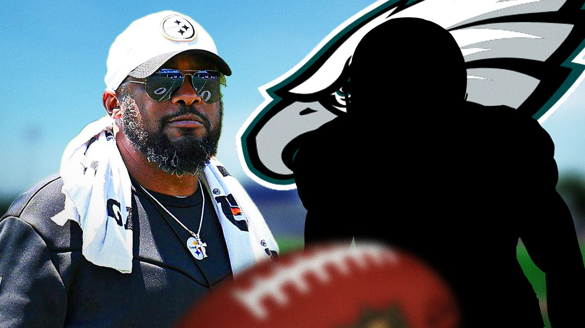 Steelers' Mike Tomlin next to an Eagles running back