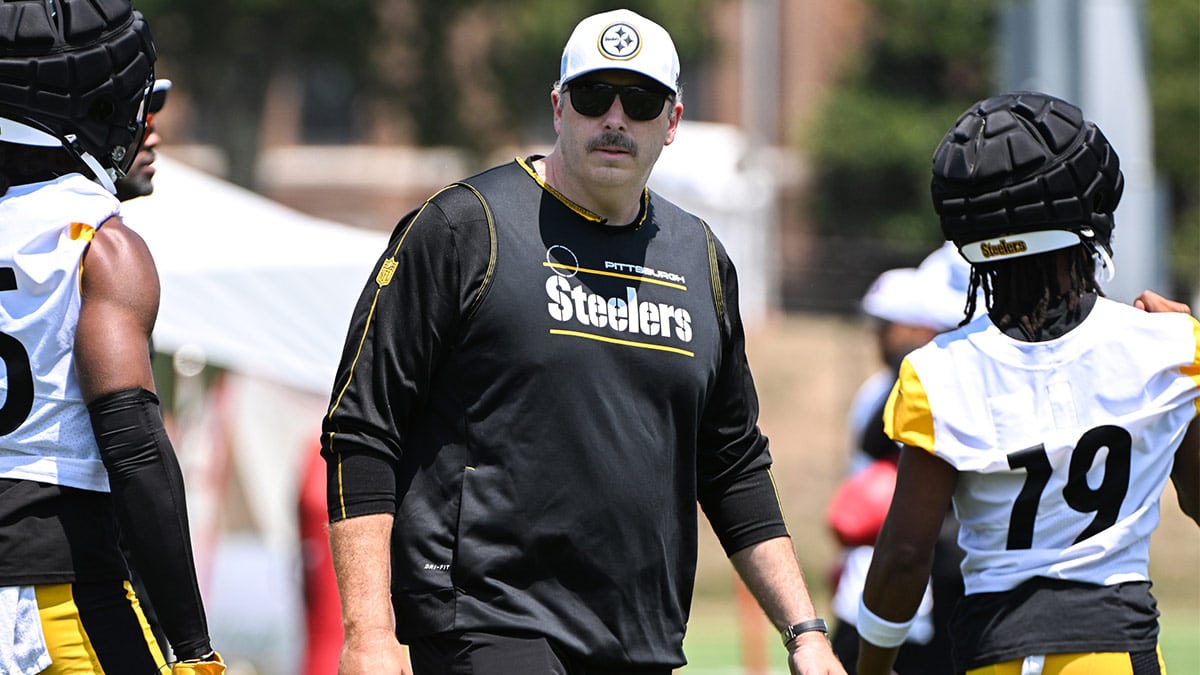 Pittsburgh Steelers offensive coordinator Arthur Smith participates in drills during training camp at Saint Vincent College.