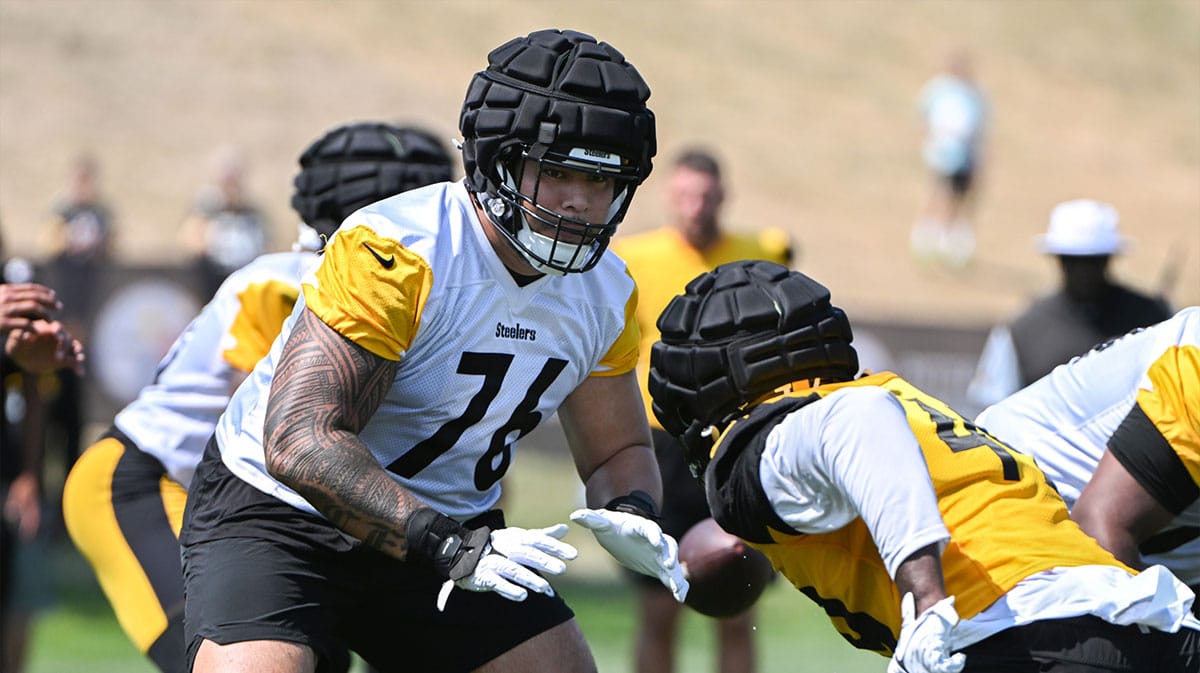 Pittsburgh Steelers offensive tackle Troy Fautanu (76) participates in drills during training camp at Saint Vincent College.