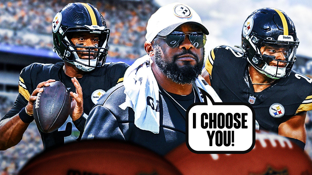 Image: Mike Tomlin and Russell Wilson on one side, Tomlin with a speech bubble that says "I choose you!", Justin Fields on the other side