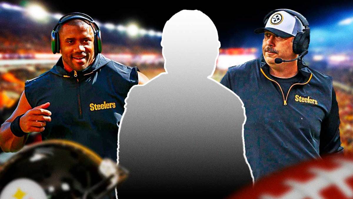 Russell Wilson in a Steelers jersey, Arthur Smith in Steelers coaching gear, and a mystery football player.