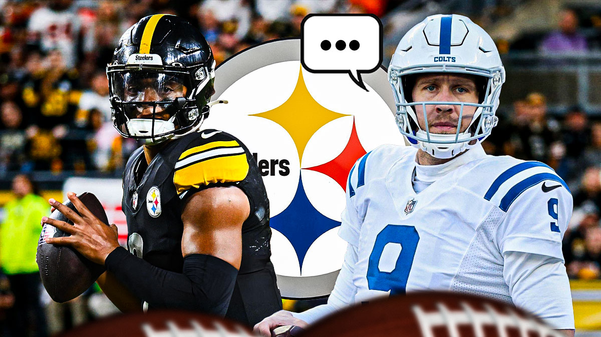 Former NFL QB Nick Foles with Pittsburgh Steelers QB Justin Fields. Foles has a speech bubble with the three dots emoji inside. There is also a logo for the Pittsburgh Steelers.